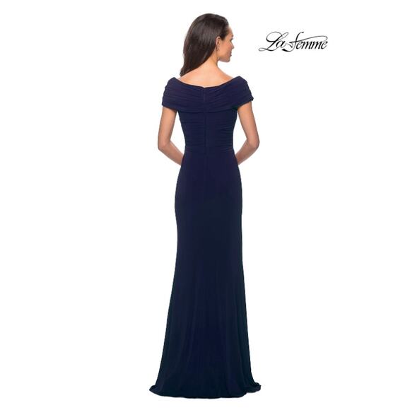 LA FEMME 29996 Column Gown Size 12 Navy Blue Ruched Jersey Formal Dress $348 - Picture 2 of 12